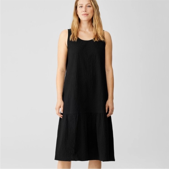 EILEEN Fisher Black Organic Cotton Seersucker Pucker Tiered Dress, Size Small - Picture 2 of 15